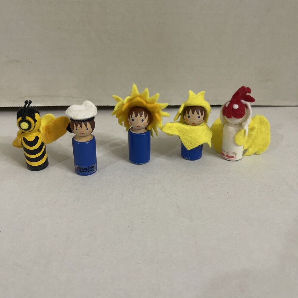 Vtg German Folk Art Miniature Wood Dolls With Felt Peg Lot Of 5